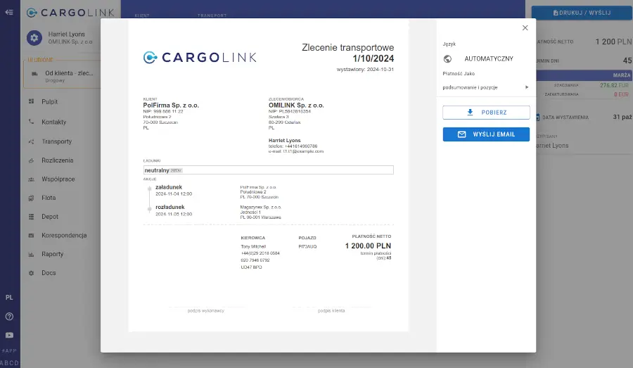 Program transportowy - zlecenie przewozowe
